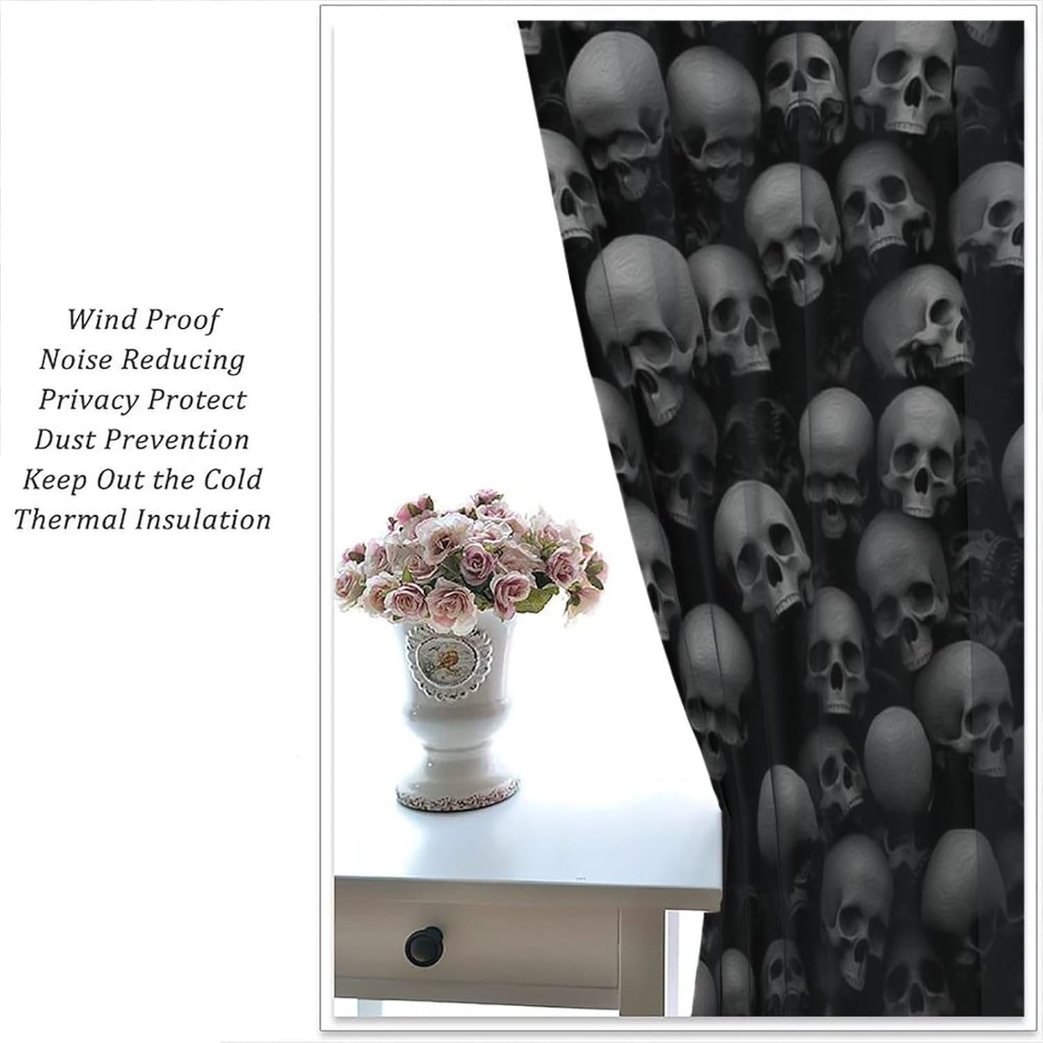 Gothic Skull Blackout Curtains，Horror Skeleton Wall Black Grey Pattern Drapes Window 2 Panel Rod Pocket Curtain for Bedroom Living Room Decor 21" W X 45" L