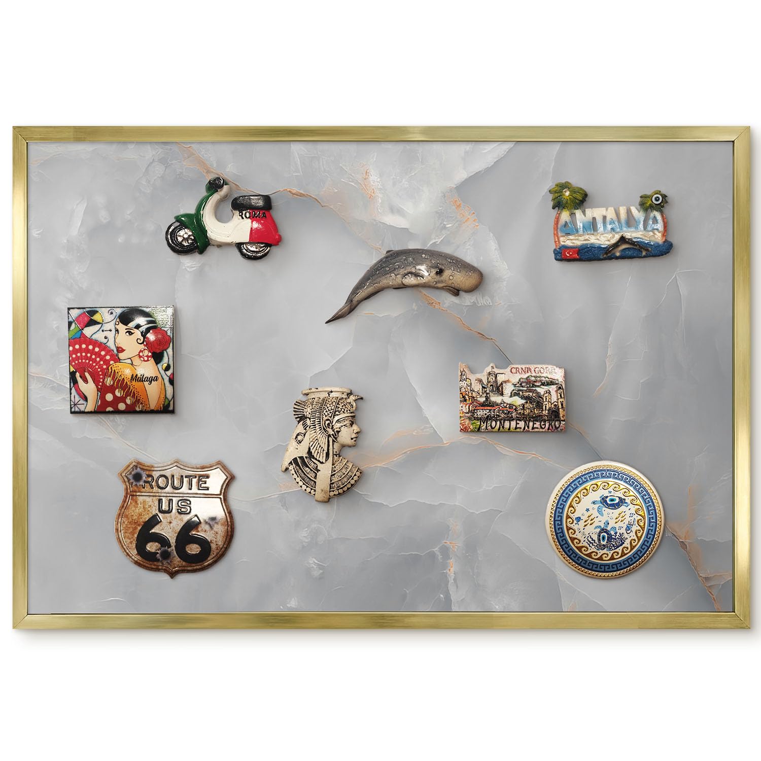 Magnetic Travel Souvenir Board 60x40 Gray Veins Gold Border