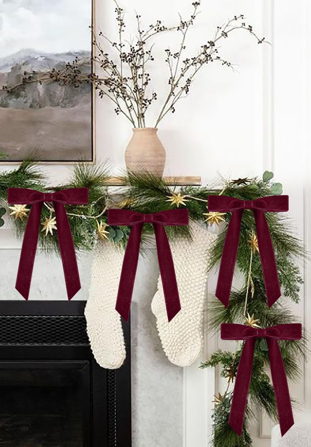 Curvier 25 Pcs Velvet Christmas Bows for Xmas Tree, Door, Gift, Staircase Decor, Vintage Wreath Bow Christmas Tree Ornaments(5x7 Inch,1" Wide) Burgundy - Image 6