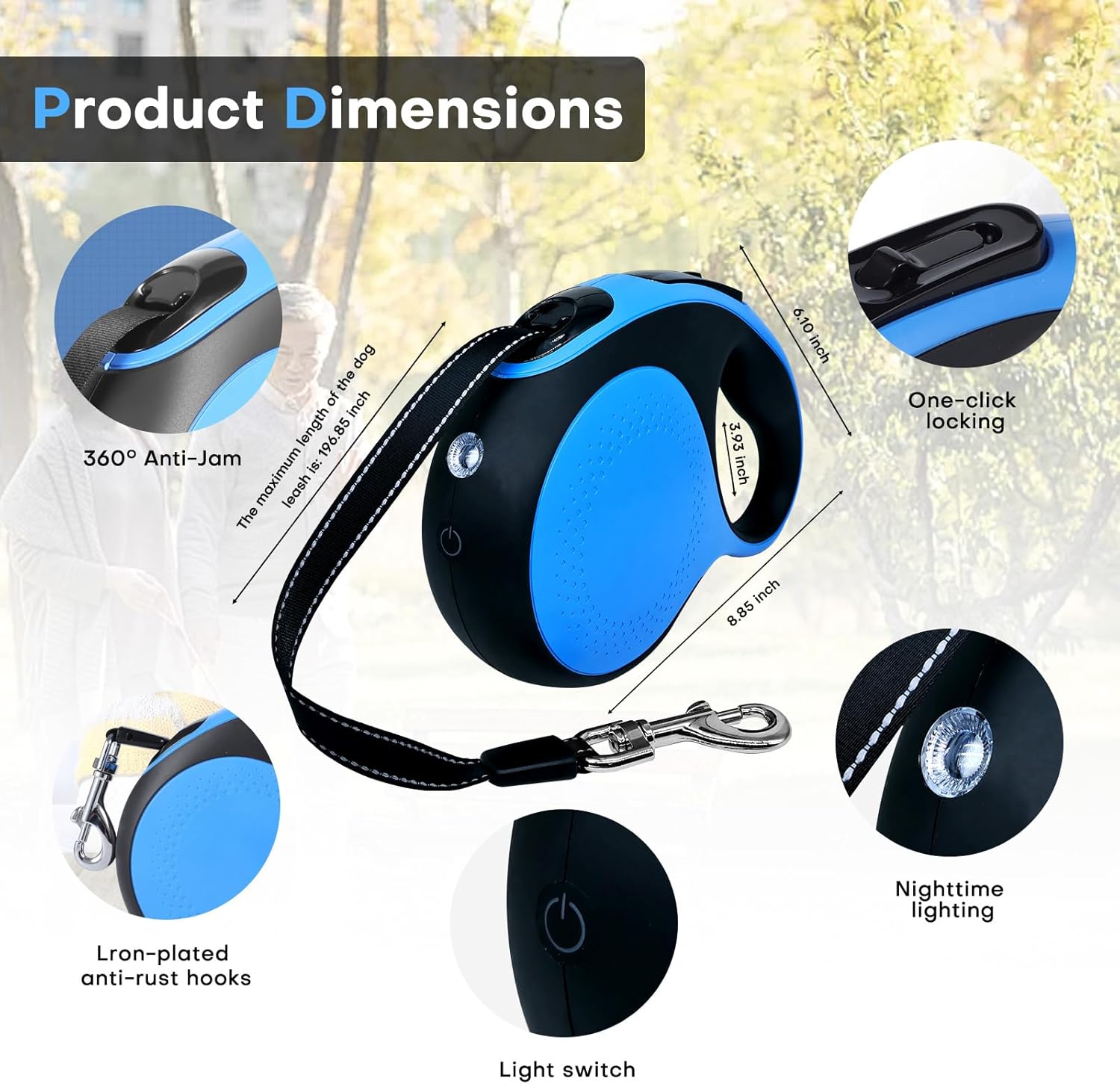 Retractable dog leash with chew-proof cord and LED flashlight, 16-ft heavy-duty dog leash, suitable for Small/medium dogs weighing up to 110 pounds, reflective rope, 360° anti-tangling.(Blue+16ft+LED)