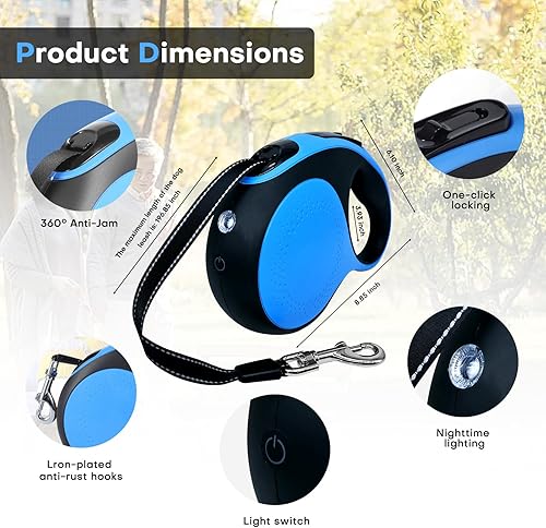 Miniatura 2 de Correa retráctil para perro con cable a prueba de mordeduras y linterna LED, correa resistente de 16 pies, adecuada para perros pequeñosmedianos que