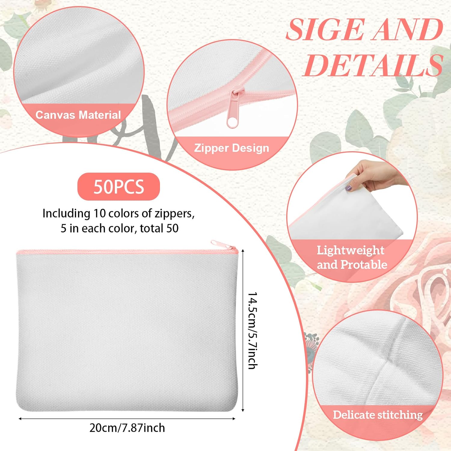 Frienda 100 Pcs Sublimation Blank Canvas Makeup Bags Bulk DIY Heat Transfer Canvas Pen Case Pencil Cosmetic Makeup Bags Clear Sublimation Blank Pouch with Zipper (7.87 x 5.7 Inch,Mixed Colors)