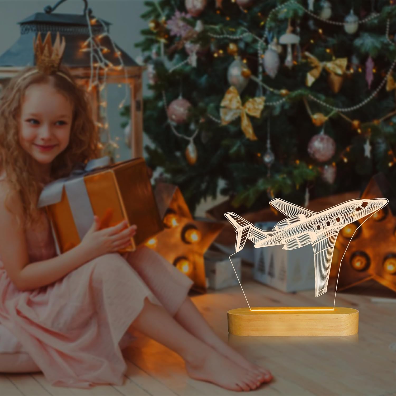 3D Illusion Airplane Night Light for Pilot Gift, Unique Aviation Gifts for Men, Dimmable Wooden LED Lamp with Remote Control for Boys Room Decor, USB Powered Bedside Table Lamp