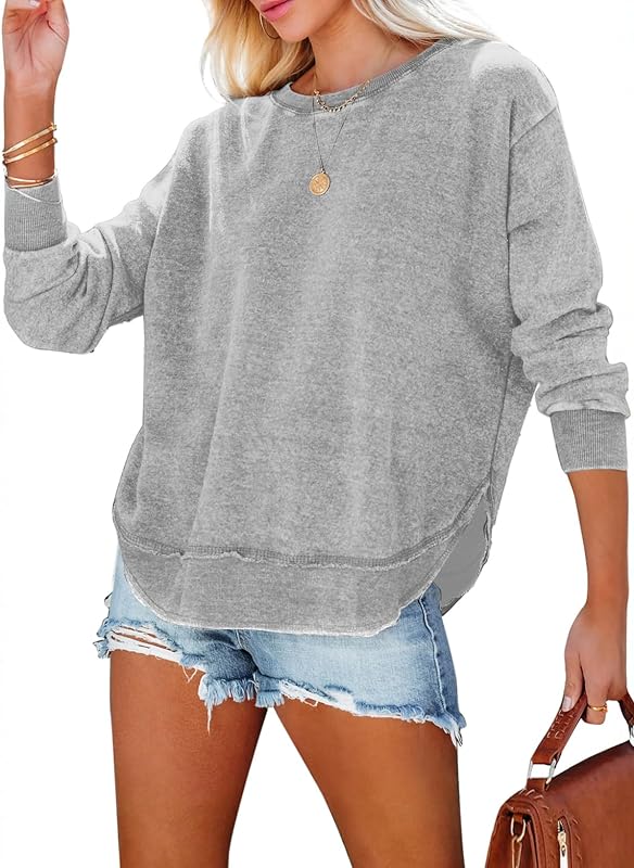 EVALESS Womens Sweatshirt Crewneck Pullover Tops, Light Gray, Large