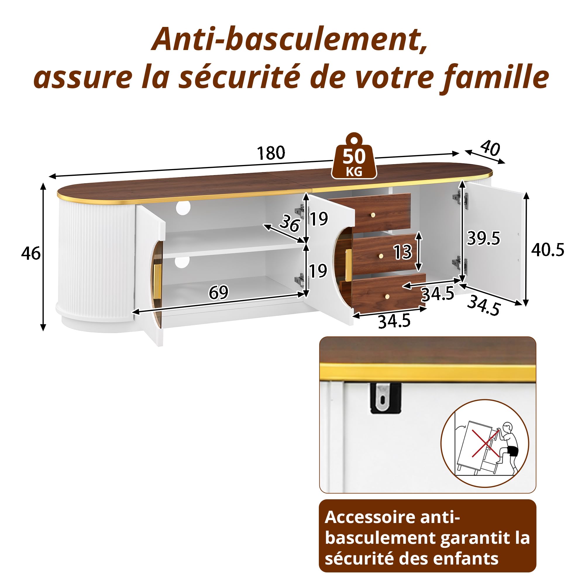 Meuble TV,Support Télé,3 Portes,2 Etagères,3 Tiroirs,Longueur 180cm,Table Télé de Salon,Armoire Basse Moderne en Bois Salle de Séjour Intérieur,Ovale