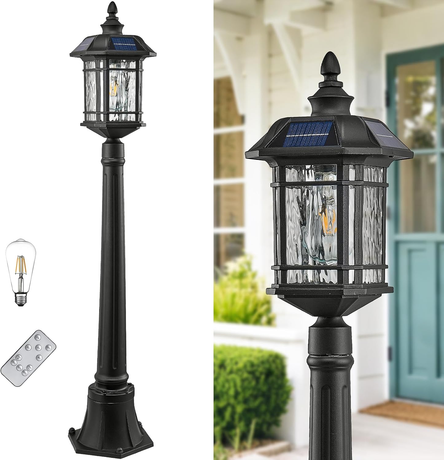 Solar Lamp Post Light with Water Ripple Glass Dusk to Dawn Outdoor Post Lights Hard Wired Waterproof 41 Inch Large Aluminum Solar Pole Lights Include Remote Control and LED Bulb