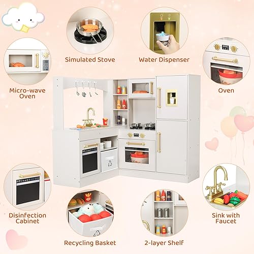 Miniatura 3 de Arlopu Cocina esquinera de madera con luces y sonidos, juego de juguete de cocina con utensilios, horno, microondas, estufa, dispensador de agua