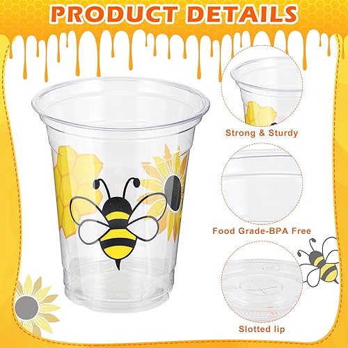 Miniatura 3 de Sliner 120 vasos desechables para fiesta de abeja, vasos de plástico de abeja de 12 onzas, vasos desechables con pajitas de papel para abeja, baby