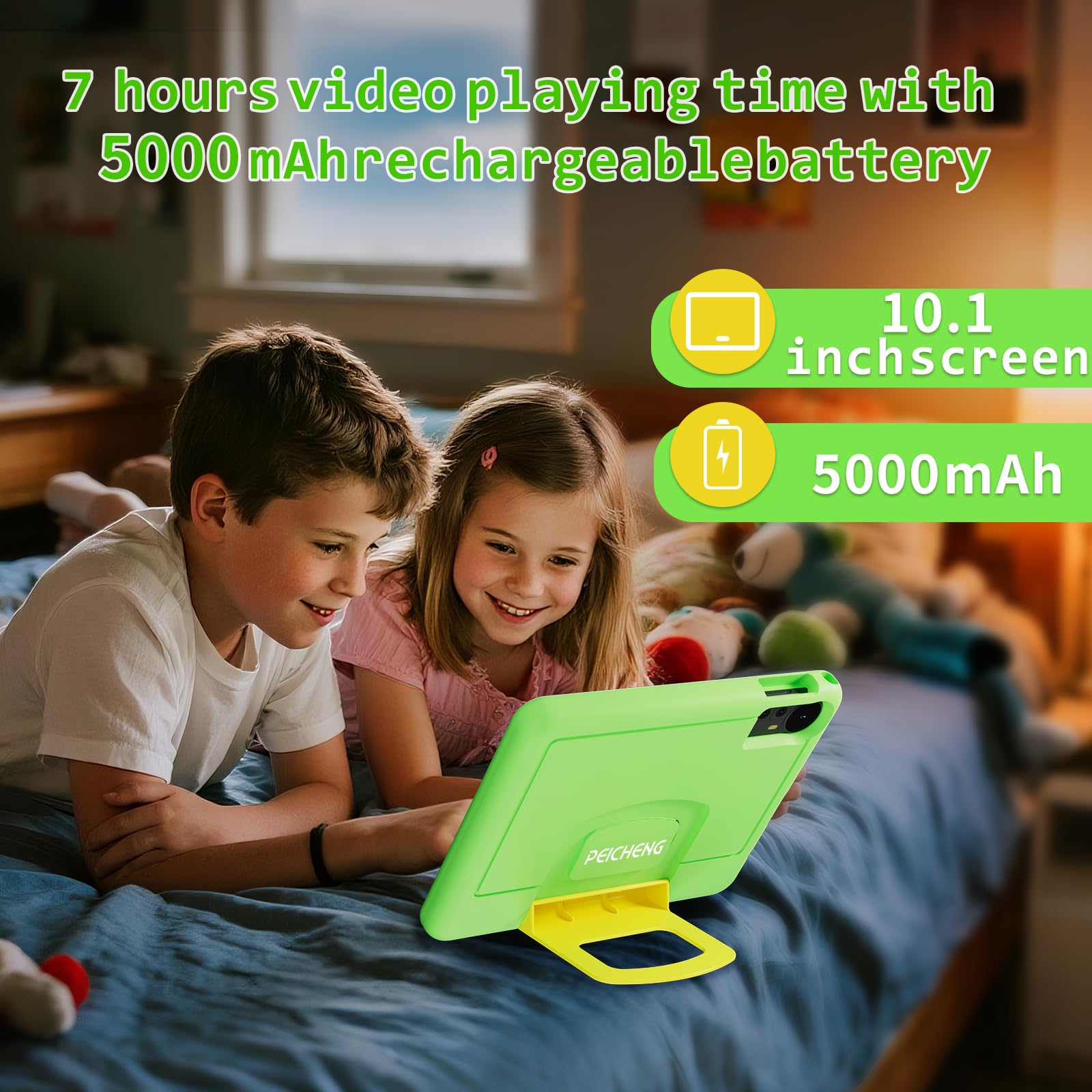 PEICHENG Tablet per bambini con custodia protettiva in EVA, Android 15.0 Toddler Tab PC 10.1Inch RAM 20GB (4+16Expand) + ROM 128GB IPS 800 * 1280 5.0Bluetooth (verde)