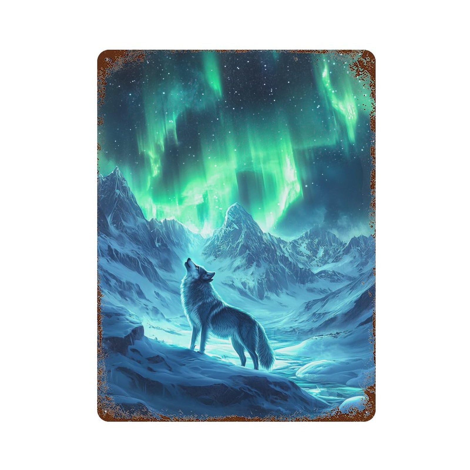 Vintage Metal Tin Sign with Wolf Under Aurora Borealis Design 15.7"x11.8", for Garage, Bar And Workshop Decor, Novelty Wall Decor