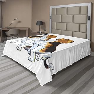 Ambesonne Beagle Flat Sheet, Colorful Graphic Illustrated 2 Scent Hound Animal Bred Sitting and Standing, Soft Comfortable Top Sheet Decorative Bedding 1 Piece, Queen Size, White Dark Brown