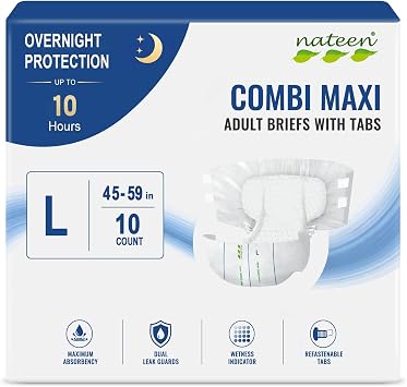 Nateen Combi Maxi Adult Diapers with Tabs for Men & Women, Maximum Absorbency Incontinence Briefs,Overnight Protection, Leakproof Disposable Adult Underwear. Large, 10Count
