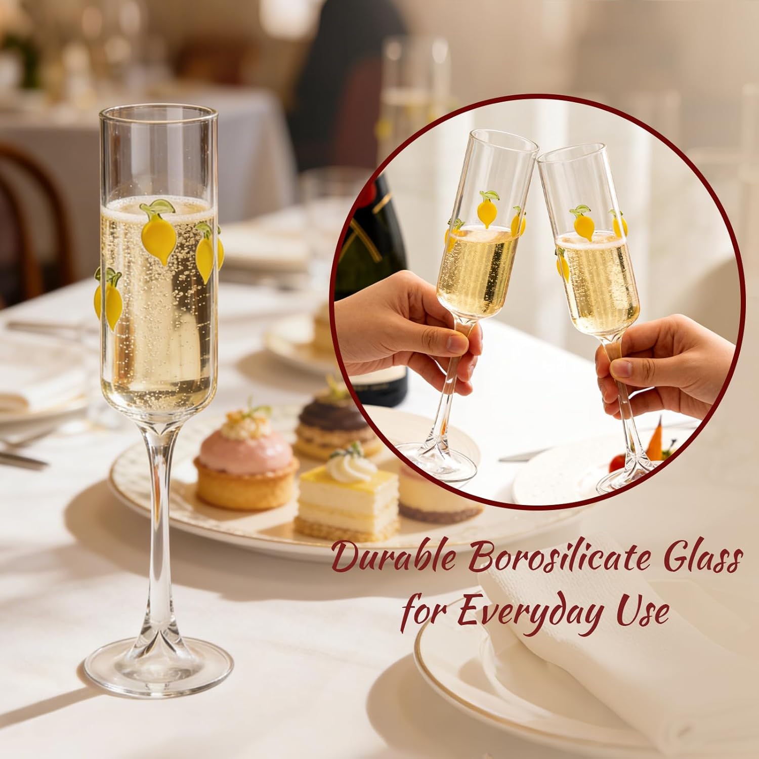 2PCS Icon Champagne Glasses High Borosilicate Glass Party Glassware, Durable & Lead-Free Decorative Drinkware, Wine Lovers Unique Gift, Party & Home Bar Use (Champagne Glass, Lemon)