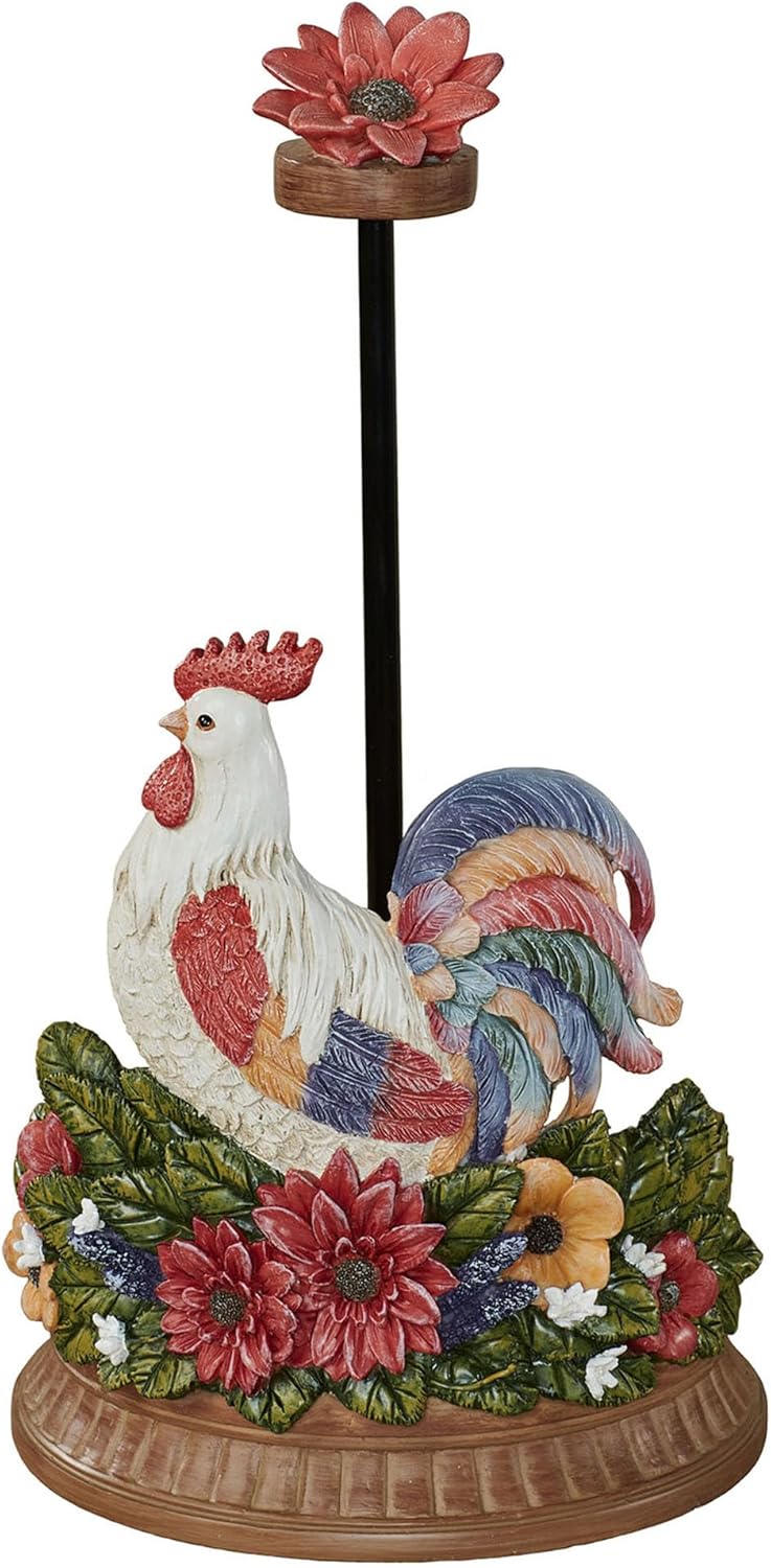 Floral Rooster Paper Towel Holder | Handpainted Red, White, Green, Navy, & Yellow | Dimensional Chicken in Blooming Flower Garden Design | Farmhouse Style Kitchen Countertop Paper Towel Roll Stand
