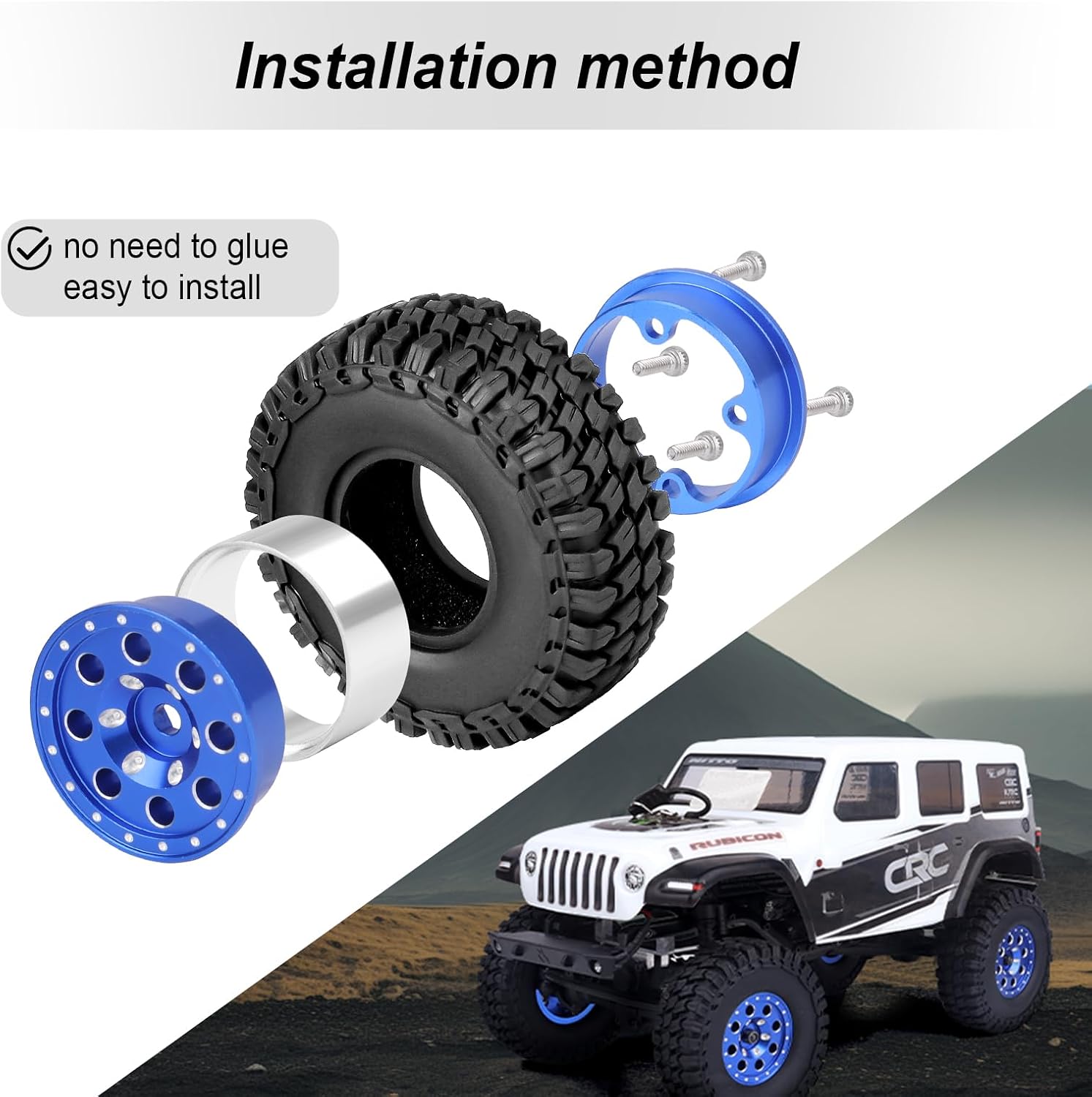 Hobbypark 1.0 Beadlock Wheels and Tires Metal Micro Crawler Tires w/Wheel Spacers Offset for 1/24 RC Crawler Car Axial SCX24 AXI90081 Deadbolt AXI00002 Jeep Wrangler (Set of 4) (Blue Rims)