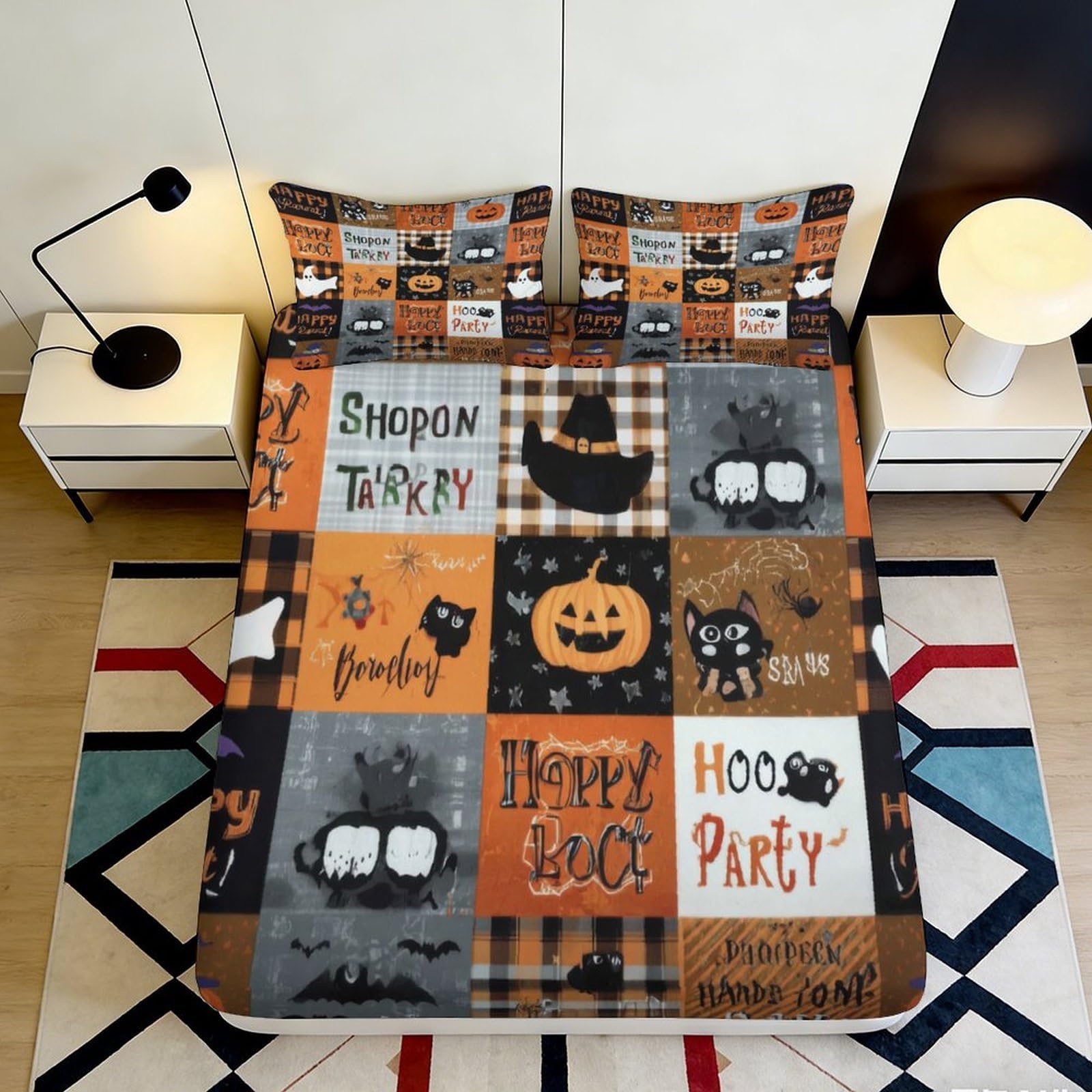 Uynsixtme Style-1 3D Printed Halloween Theme Fitted Sheet Microfiber Non-Slip Deep Pocket Bedroom Bedding Halloween Mattress Fitted Cover 90X200x25cm