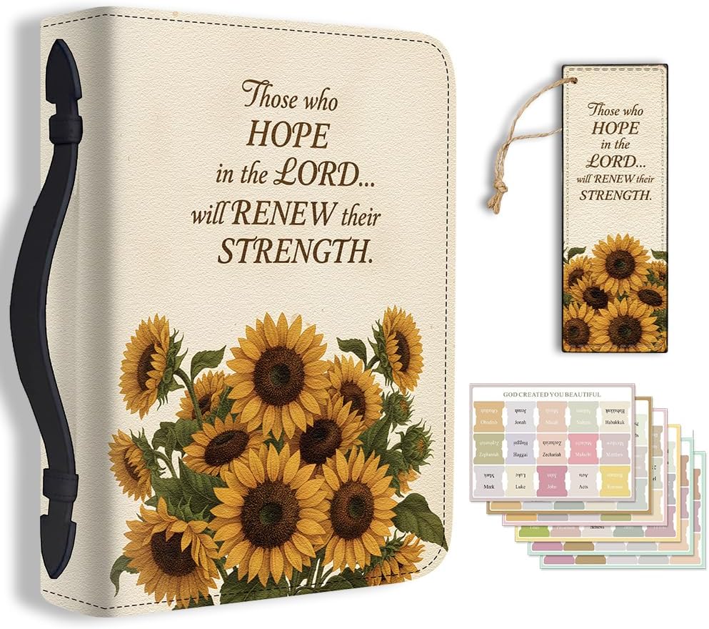 Bible Holder Case for Office Sunflowers Bible Protective with Handle Bookmark Plants Bibles Cover with Zipper Label Stickers for Adults Yellow PU Leather Bag