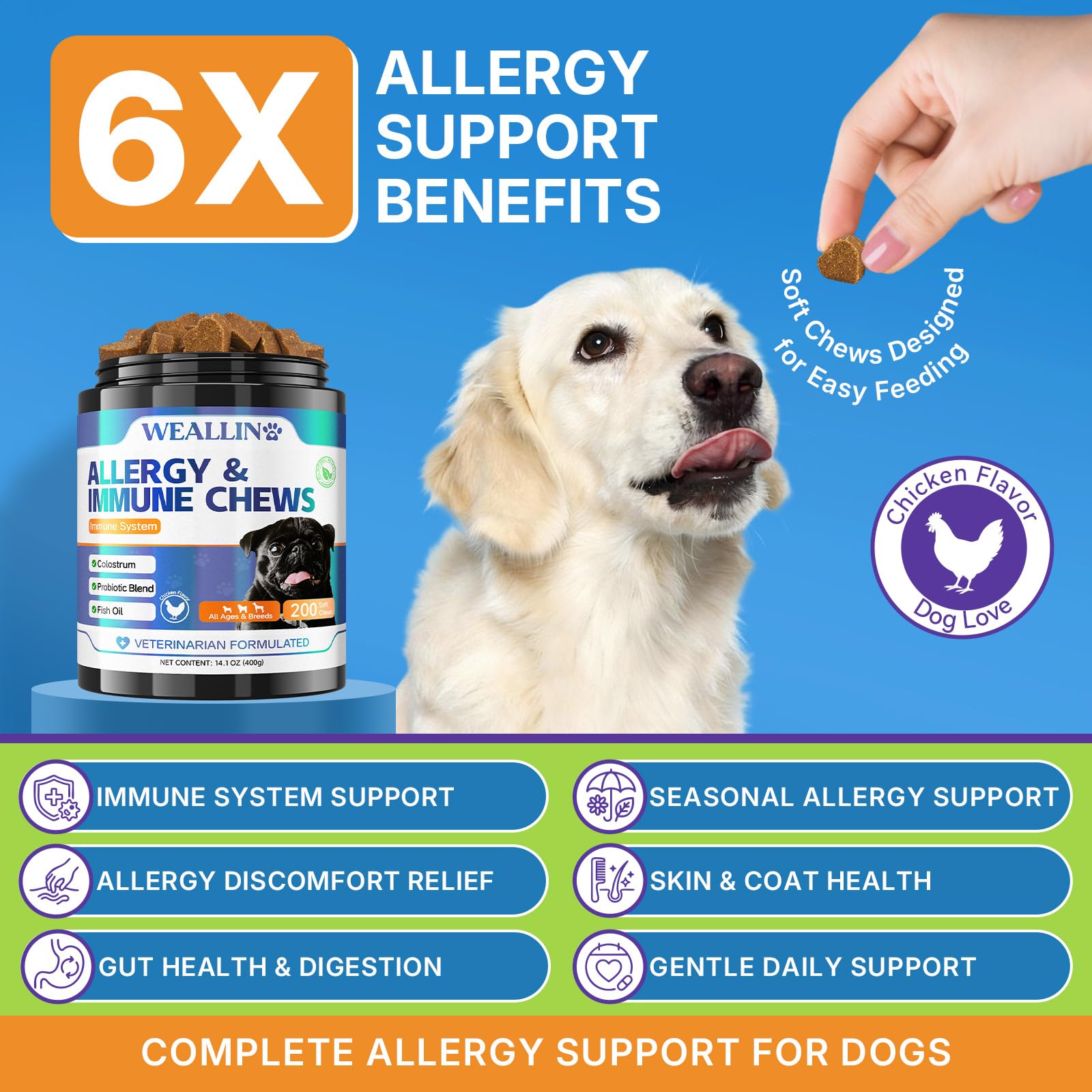 Itch & Allergy Immunity Treats for Dogs, 200 Count Itchy Dog Skin Relief Anti-itch Chews for Skin, Coat, Paws, Seasonal Allergy Relief, Stops Itching & Licking, Hot Spot Relief, Chicken Flavor