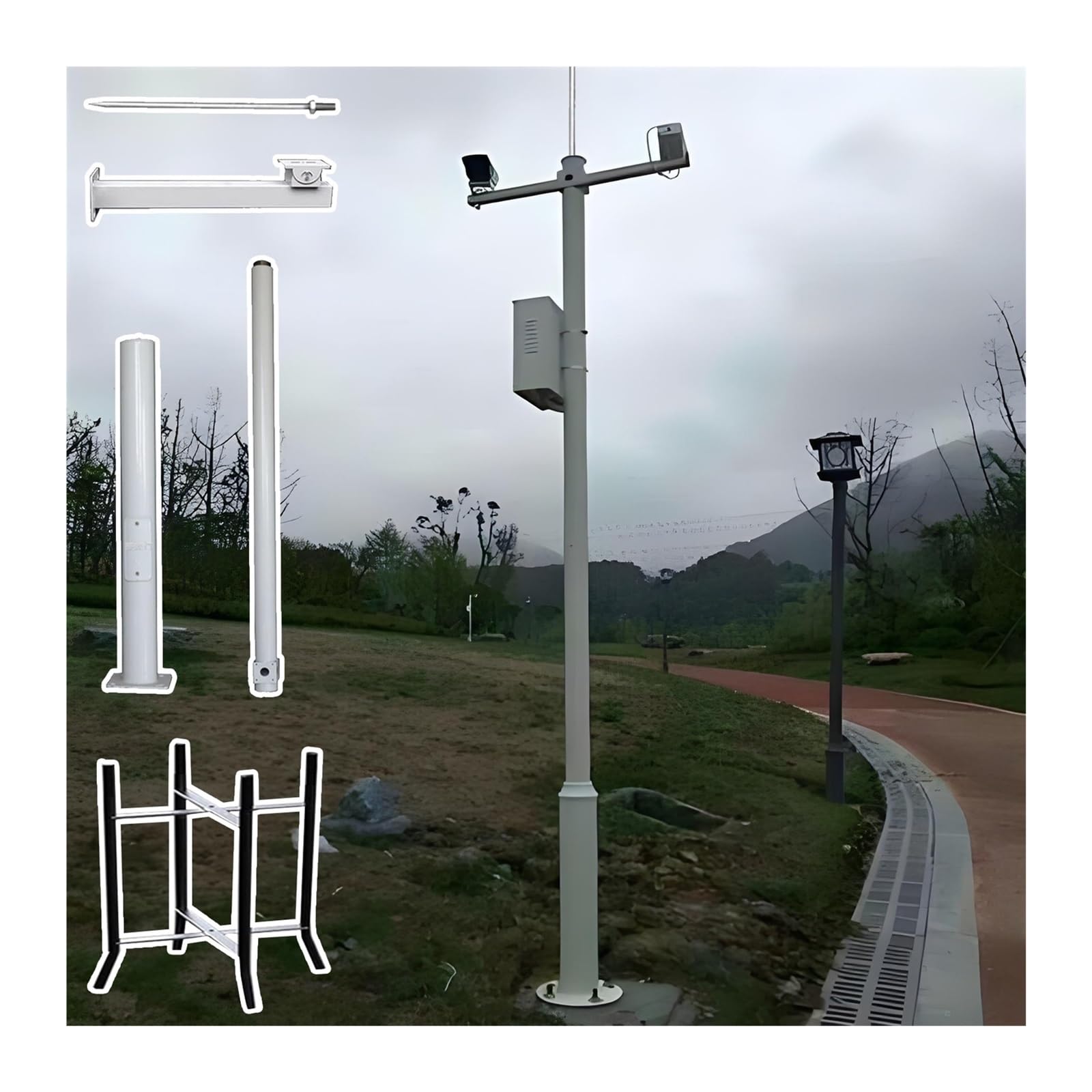 Support de caméra de surveillance blanc réglable avec paratonnerre, support universel pour poteau de sécurité extérieur compatible avec toutes les caméras, hauteur 5 mètres (196,9 pouces), s