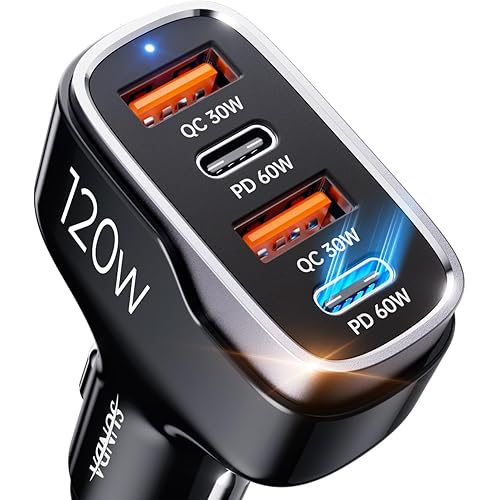 SUNDA 120W USB C Fast Car Charger, 4-Ports Cigarette Lighter Adapter, USB C Car Phone Charger Adapter USBC Type C 12v, Fit for iPhone 17/16/15 Pro/14Max/Galaxy/SamsungS25 Google iPad Android