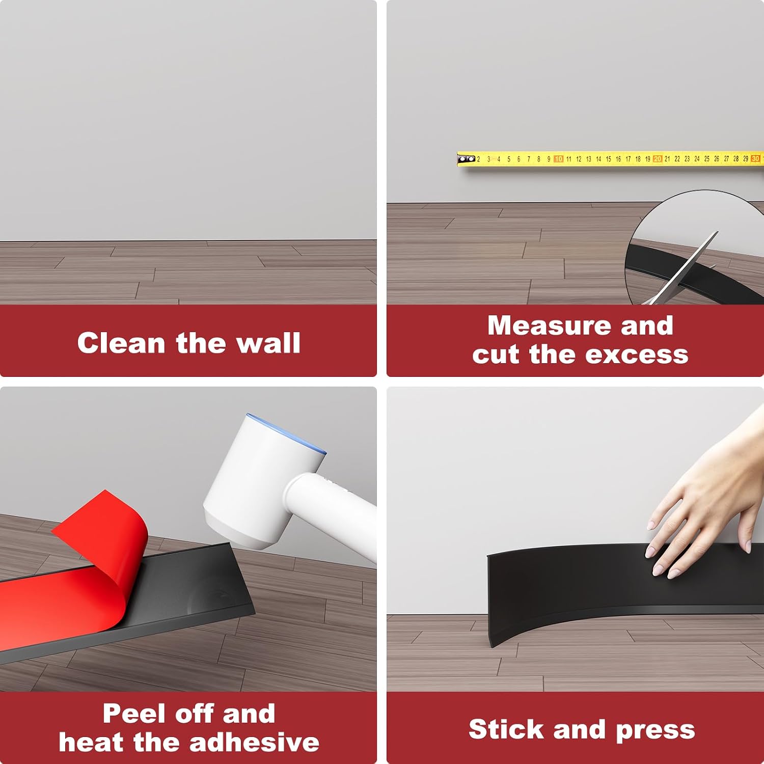 Flexible Vinyl Baseboard Trim, 4 Inch Peel and Stick Baseboard Molding Trim, Rubber Wall Base Board Moulding Trim for Floor (60 Feet)