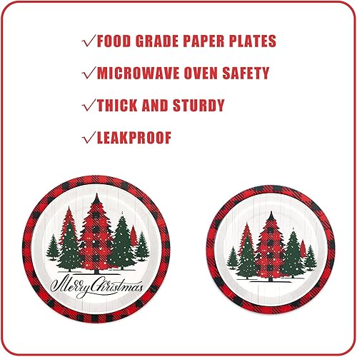 Miniatura 5 de Homlouue 200 platos y servilletas de papel de Navidad, platos y servilletas rojos y blancos de árbol de Navidad, desechables, platos y servilletas