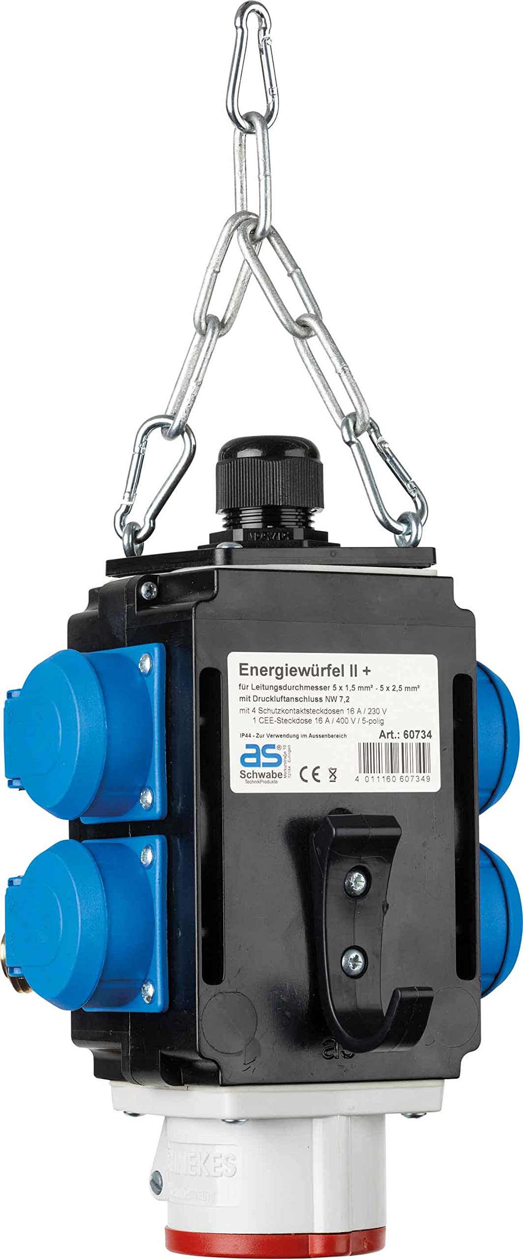 as - Schwabe MIXO Energiewürfel - Hängeverteiler - Stromverteiler - 4 Schutzkontaktsteckdosen (230V/16A), 1 CEE Steckdose (400V/16A/5-polig) - mit Druckluftanschluss - IP44 - Made in Germany, 60734