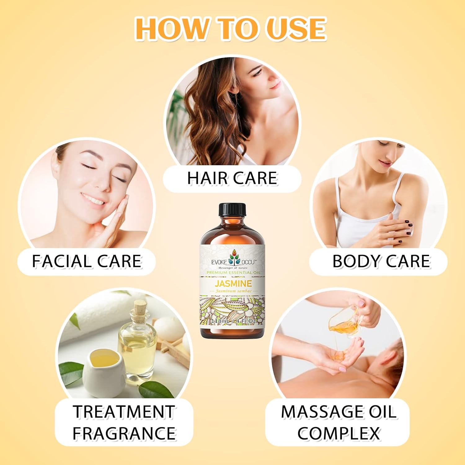 EVOKE OCCU Jasmine Essential Oil Vanilla Oil Lavender Essential Oil Chamomile Oil Eucalyptus Oil 4 Oz for Face Skin Body Hair Skin and Diffuser