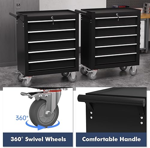 Miniatura 5 de Cofre de herramientas de 5 cajones, carrito de herramientas con ruedas, armario de herramientas de alta capacidad con sistema de bloqueo para