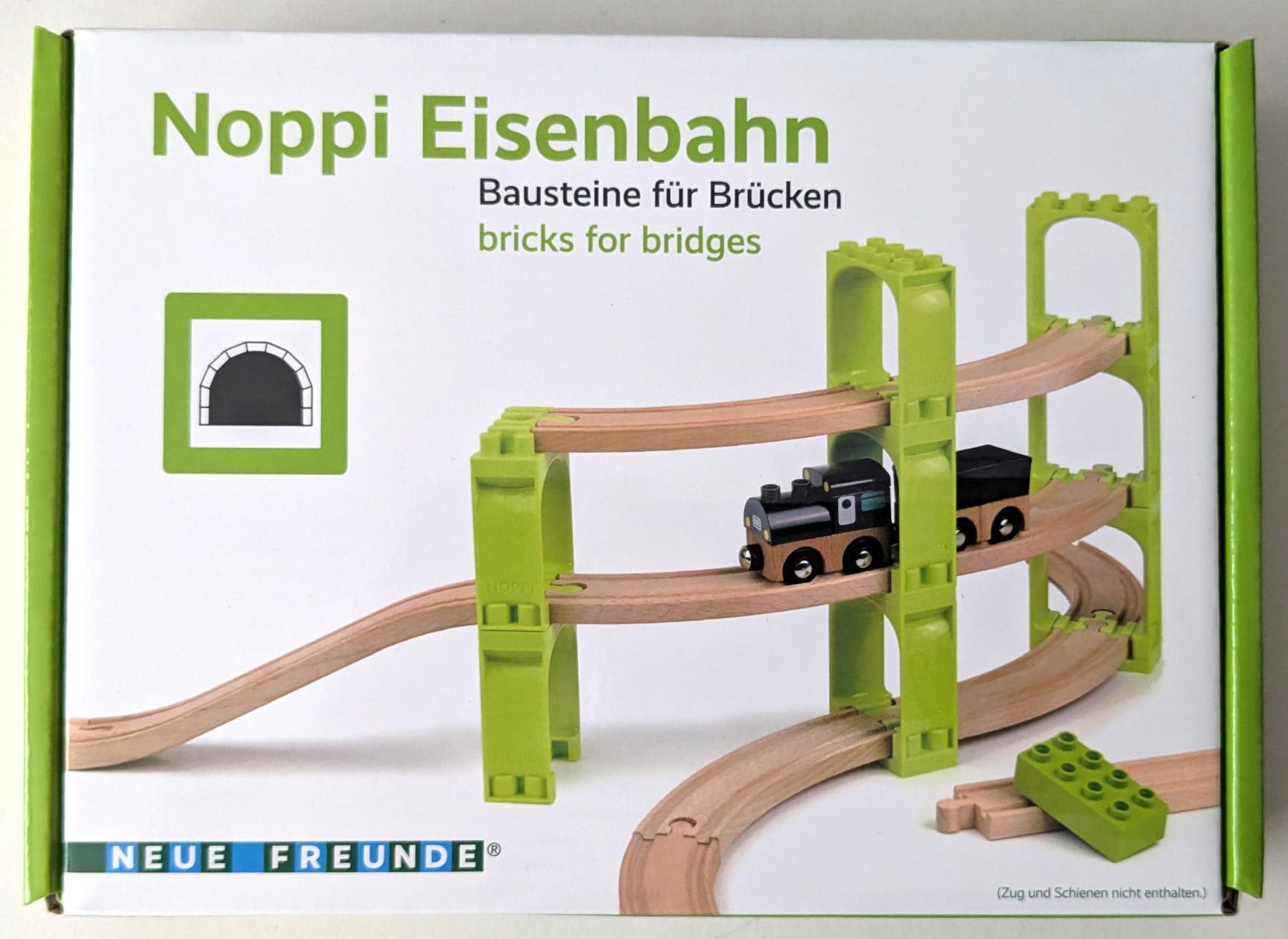 NEUE FREUNDE inventing & producing schnickschnack Kolej Noppi – zestaw klocków zaciskowych do drewnianych kolejek, spirala helix z 4 poziomami (bez szyn)