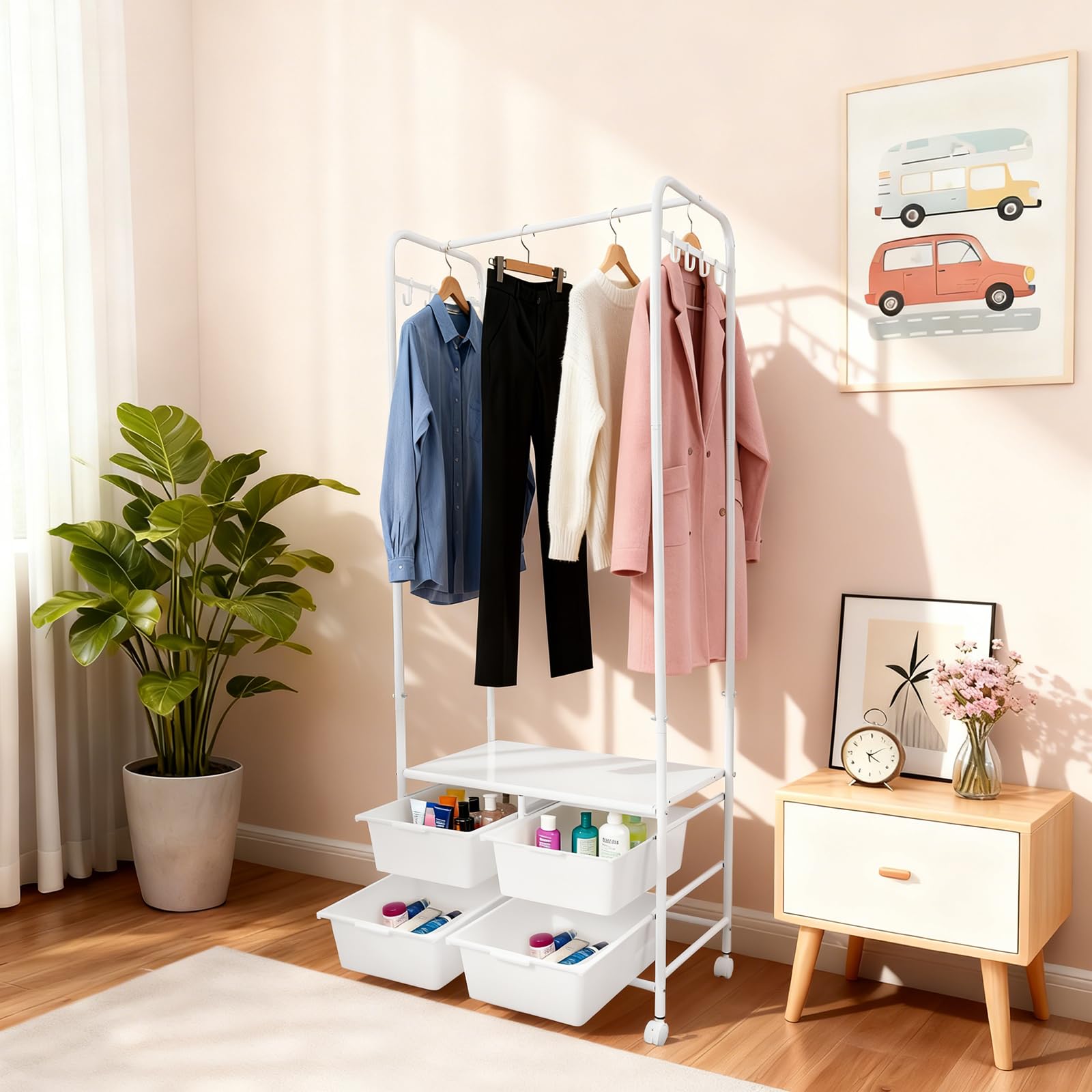Garderobenständer, Rollbarer Kleiderständer Metall Kleiderbügel mit 4 Aufbewahrungsboxen & 8 Haken Kleiderhalterungsständer Garderobe für Schlafzimmern, Waschküchen 63x37x160 cm