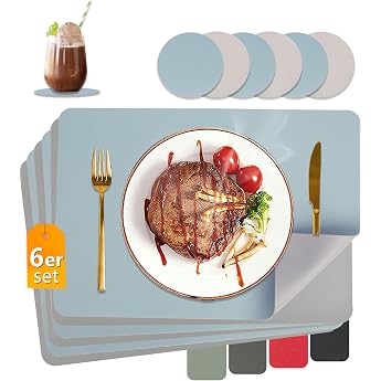 HELI MIAO Washable Place Mats Wipe Clean Leather Heat Resistant Double-Sided Set of 6 Placemats Leather Look with Coasters Non-Slip Table Coasters Light Blue + Grey