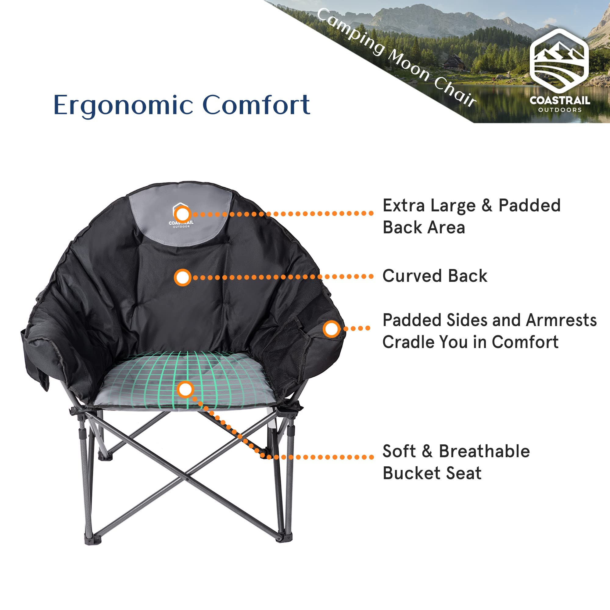 Coastrail Outdoor Padded Camping Chair with Lumbar Back Support