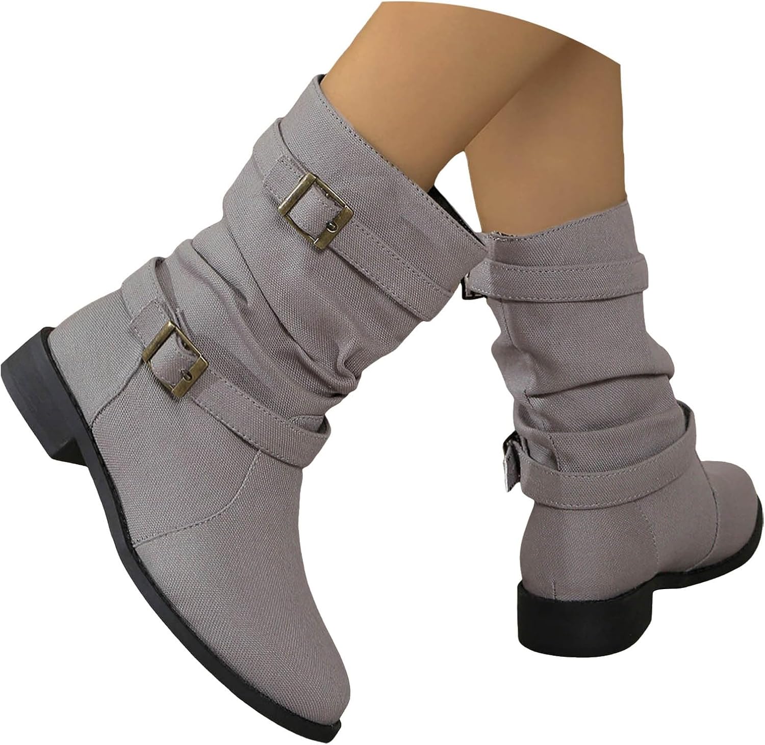 Women's Western Ankle Boots – Round Toe Low Heel, Suede, Non-Slip, Metal Buckle