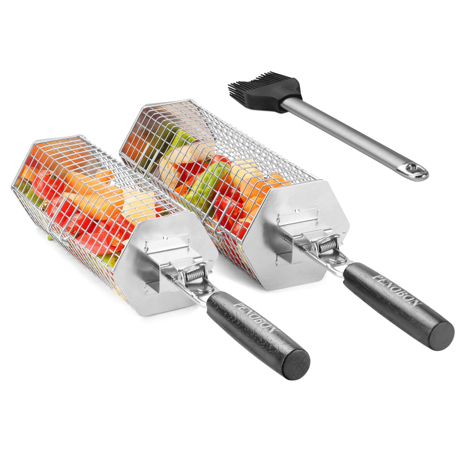 2er Set Drehbarer Sechseck Grillkorb, 304 Edelstahl BBQ Korb mit Holzgriff, Grillzubehör für Fleisch Fisch Gemüse Camping Garten