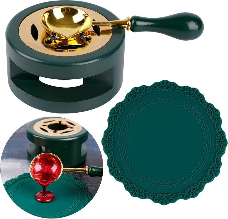 Wax Seal Kit Furnace with Spoon and Silicone Pad for Melting Wax Seal Beads or Sticks, Green