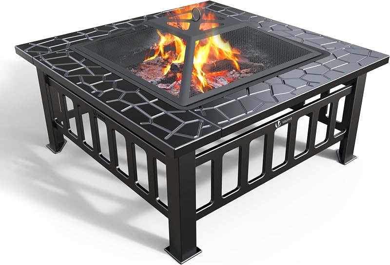 VOUNOT® Brasero Exterieur avec Couverture en Maille Poêles à Bois Multifonctionnelle pour Jardin Terrasses Balcon Poêle Chauffant 81x81x45cm Noir