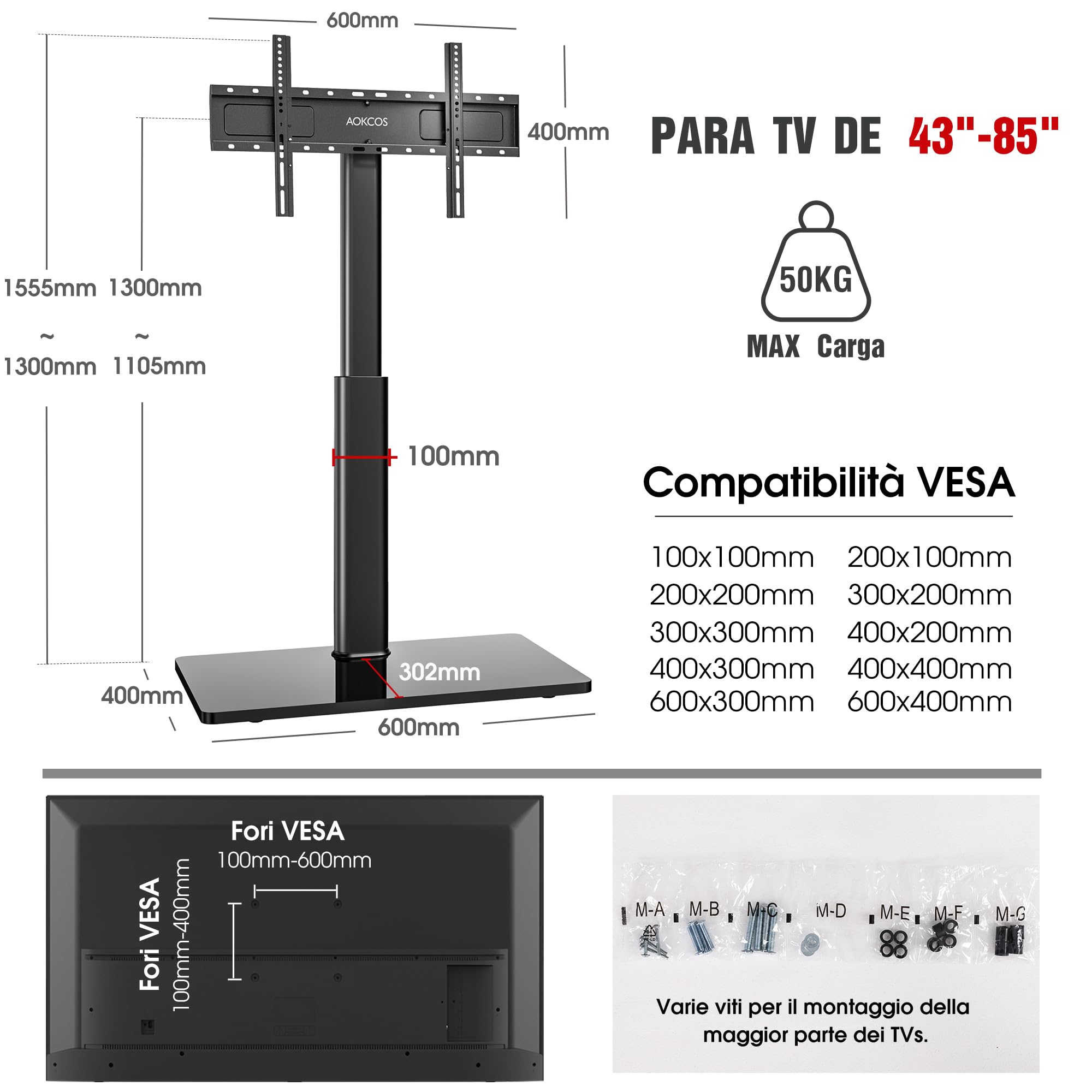 AOKCOS Supporto TV da Pavimento Girevole per 42-85 Pollici, inclinabile & Girevole & Altezza Regolazione Mobile Porta TV da Terra, Universale Max VESA 600x400mm 50kg