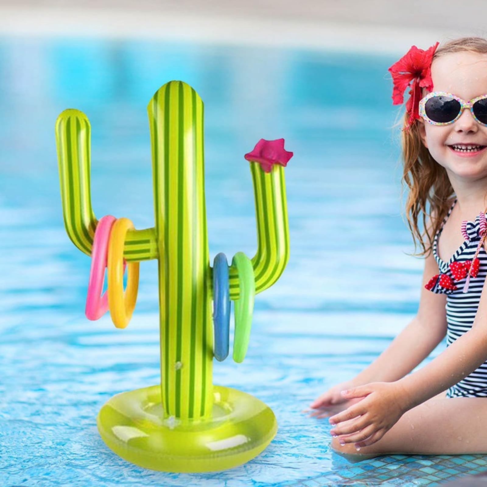 1 Jouet Gonflable pour Cactus, Cactus Gonflable Jeu de Lancer D'anneau, Jeu de Lancer d'Anneaux, 8 Pinces, Jeux Piscine Exterieur Hawaii Party