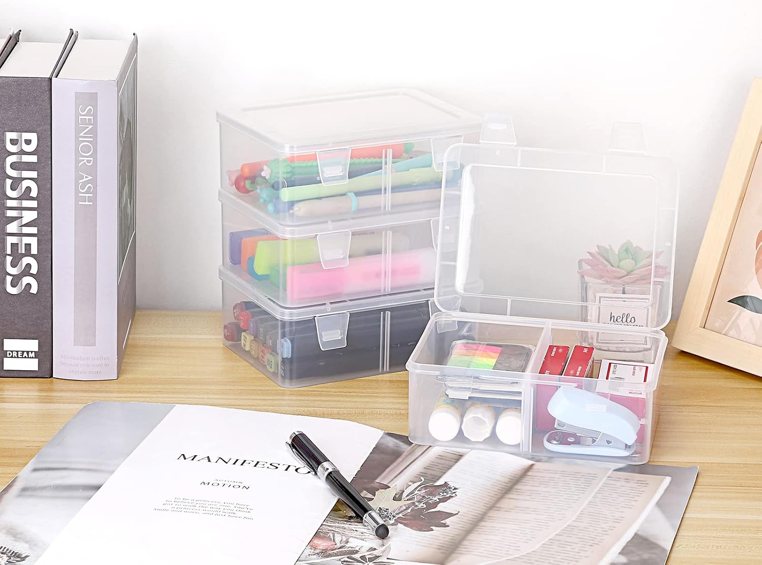BTSKY 4 Pack Photo Storage Boxes for 4"x6" Pictures Greeting Card Organizer with Removable Divider Multi-use Plastic Organizer Box for Photos Stickers Stamps Index Cards and Other Craft Storage
