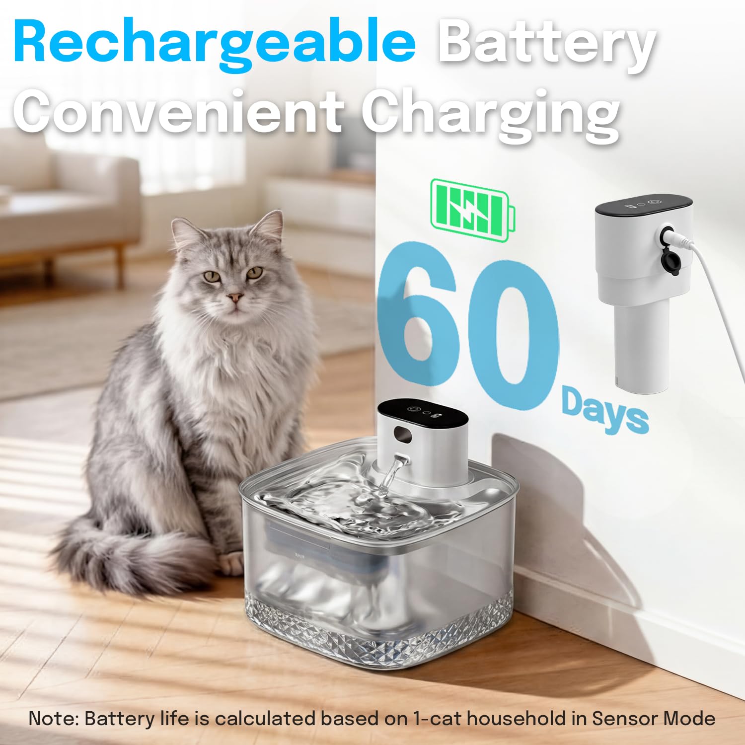 Fontana d'acqua wireless per gatti, 2 l, ricaricabile, con vassoio in acciaio inossidabile, pompa ultra silenziosa, sensore di movimento e anti-bruciatura secca, erogatore automatico di