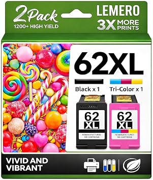 LEMERO 62XL Ink Cartridges Remanufactured Ink Cartridge Replacement for HP 62XL Ink Cartridge Combo Pack for HP Ink 62 use with Envy 7640 5660 5540 7645 5746 OfficeJet 250 200 5740 Mobile Printer
