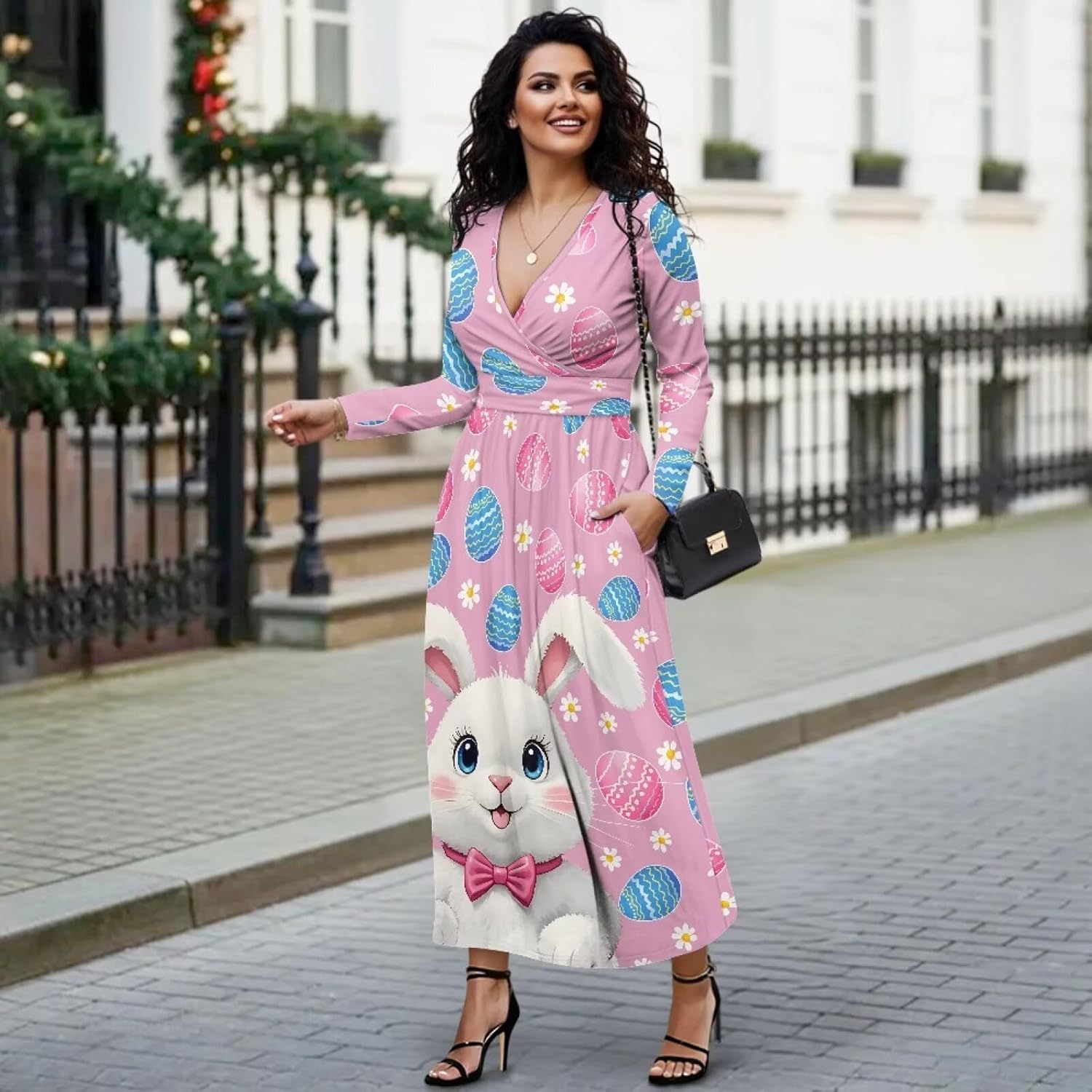 Long Dress for Women's Spring Fall V Neck Skirt Long Sleeve Casual A-Line Flowy Dresses with Pockets - Image 4