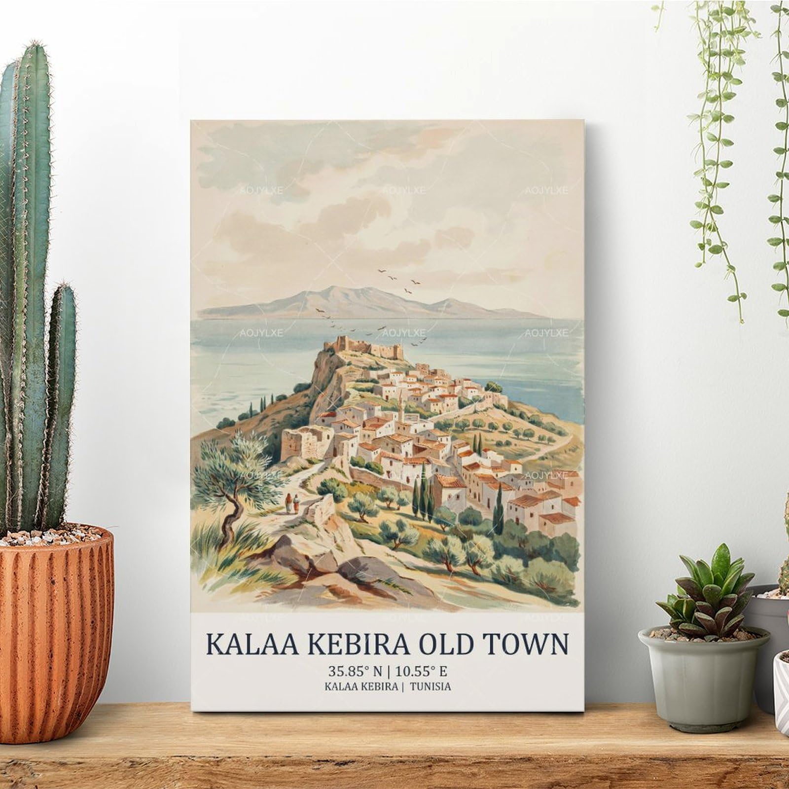 AOJYLXE Kalaa Kebira Old Town Tunisia Watercolor Travel Poster 61x91,4 cm