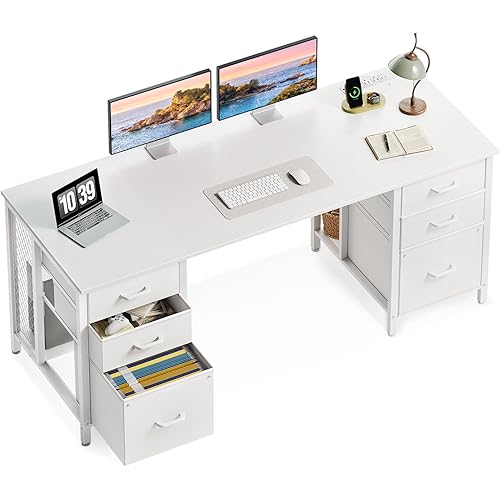 ODK 63 inch Office Desk with 6 Fabric Drawers & File Cabinets, Work from Home Computer Desk with Hidden Storage Stand & USB Ports, White