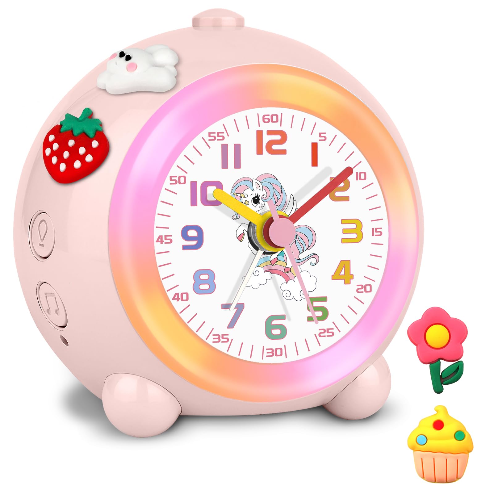 SOCICO Sveglia analogica per bambini ragazze, design unicorno, silenziosa, senza ticchettio, graziosa sveglia analogica pesca, con luce colorata, volume regolabile (rosa pallido)