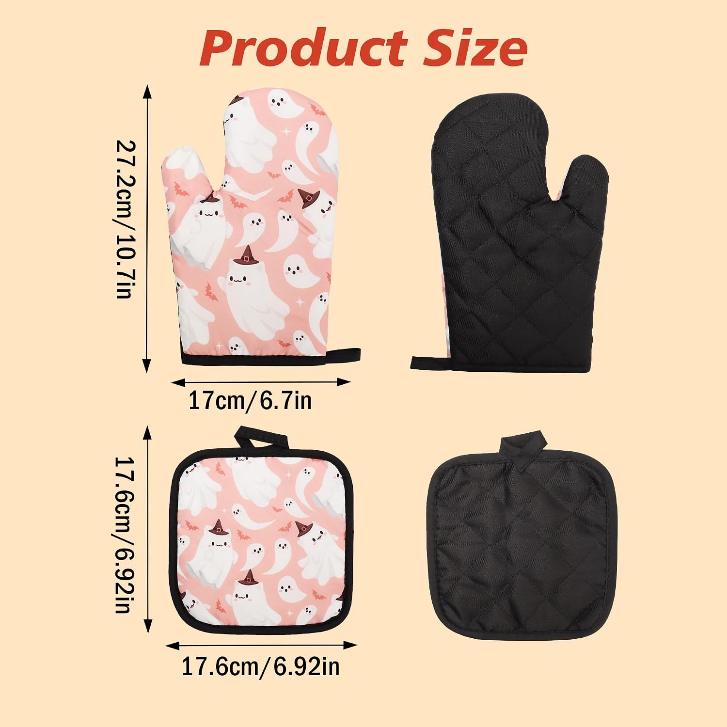 Pack of 4 Halloween Oven Mitts and Pot Holders Set, Cute Ghost Oven Mitts & Potholders Heat Resistant Non Slip Cooking Gloves for Halloween BBQ Cooking Baking Grilling Dinner Party
