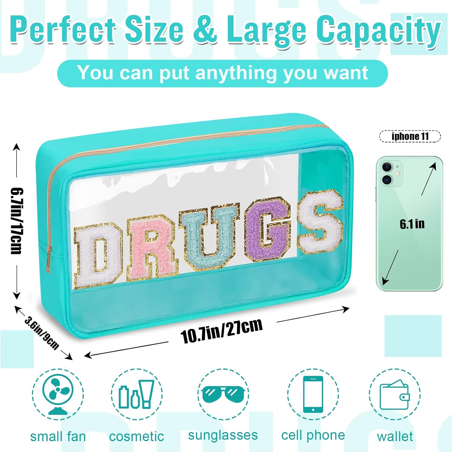 Chenille Letter Clear Makeup Bags Drugs Pouch, Preppy Patch Makeup Bag with Zipper, Transparent PVC & Nylon Waterproof Portable Glitter Cosmetic Bag Travel Toiletry Storage for Women Girl(DRUGS-Green) - Image 2