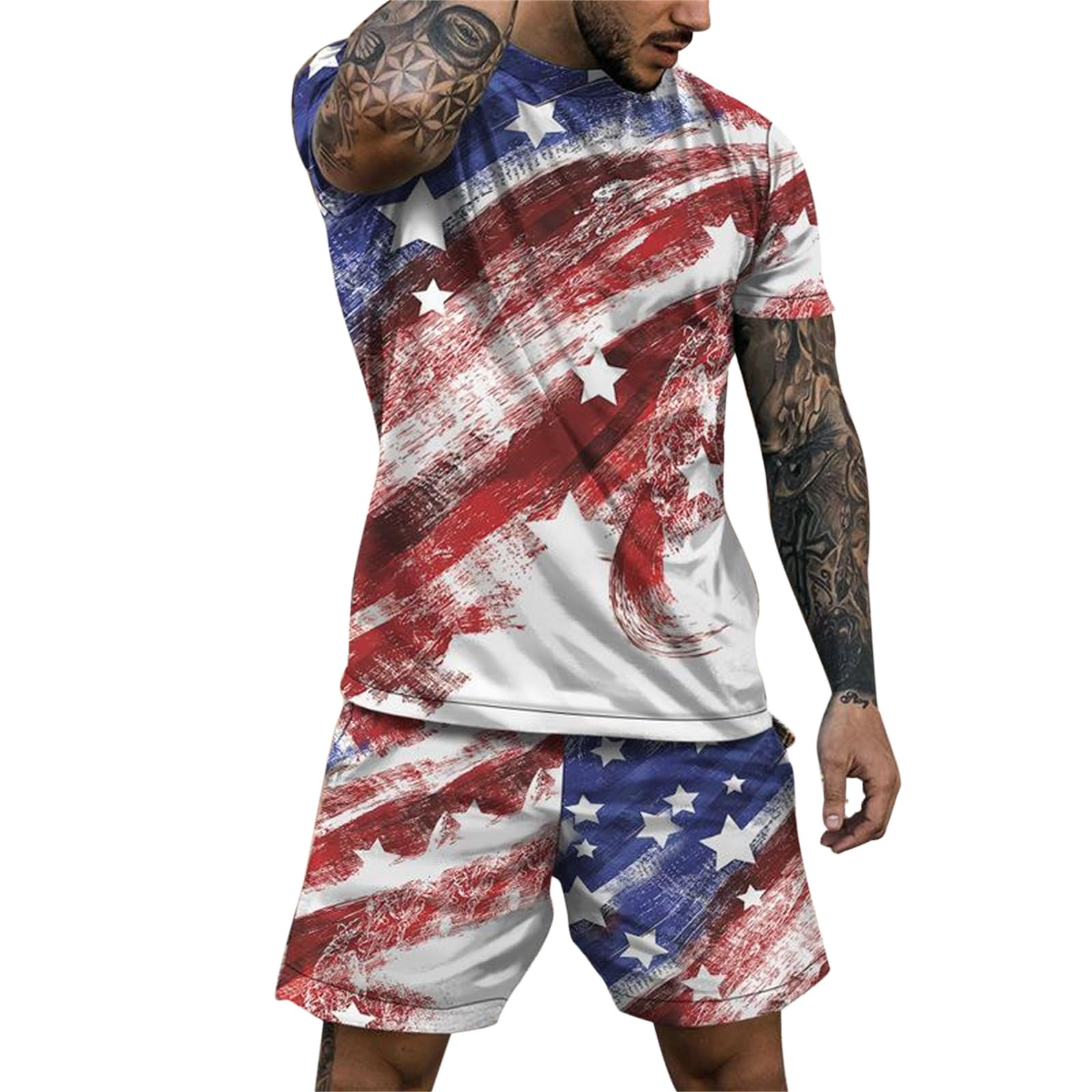 famesale Men's American Flag Short Sleeve T-Shirt and Shorts Set 4th of July USA Flag Patriotic Outfits Summer Beach Tracksuit