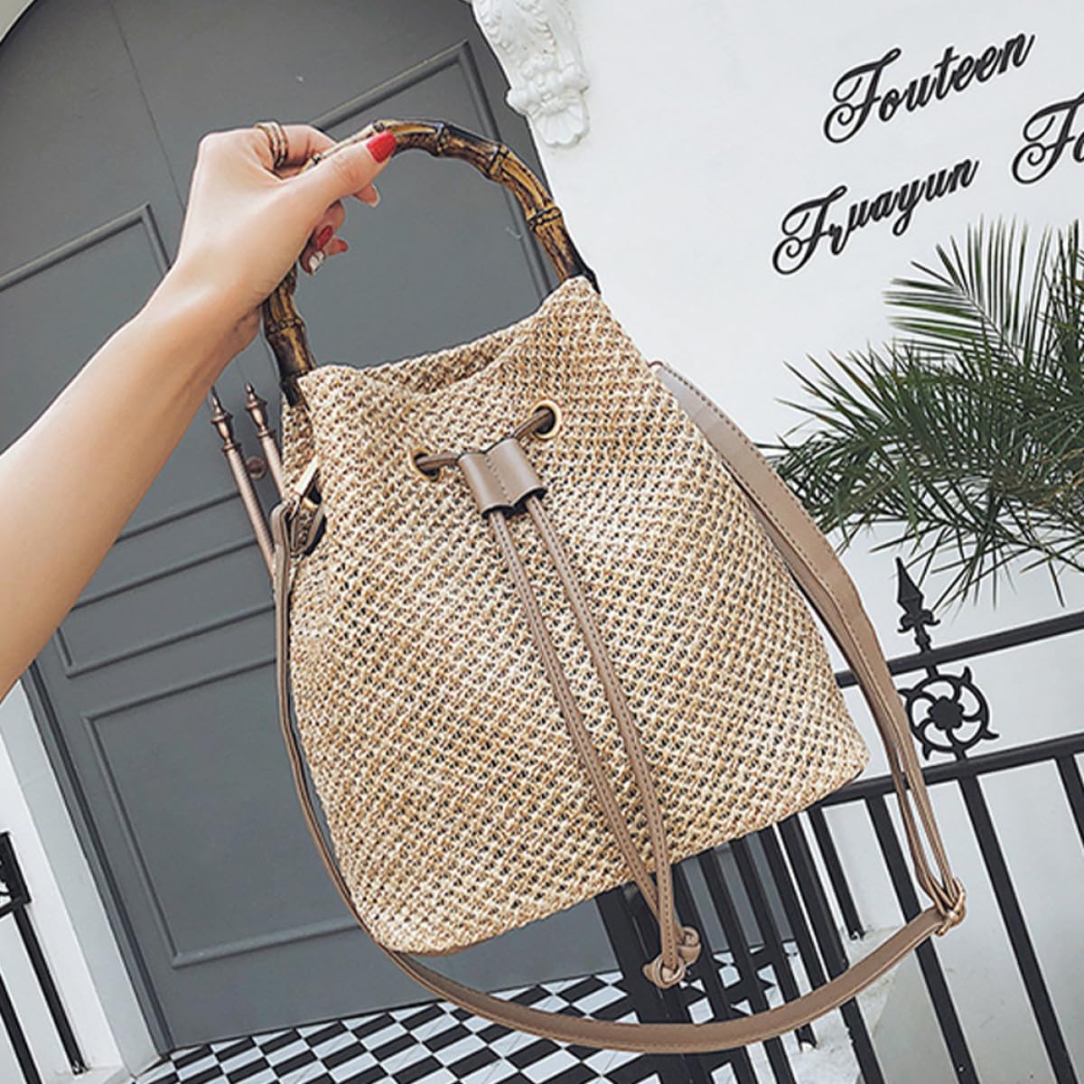 Borsa Paglia a Secchiello Tracolla, in Lino e Poliestere, Color Kaki, Semplice alla Moda, per Appuntamenti e Viaggio